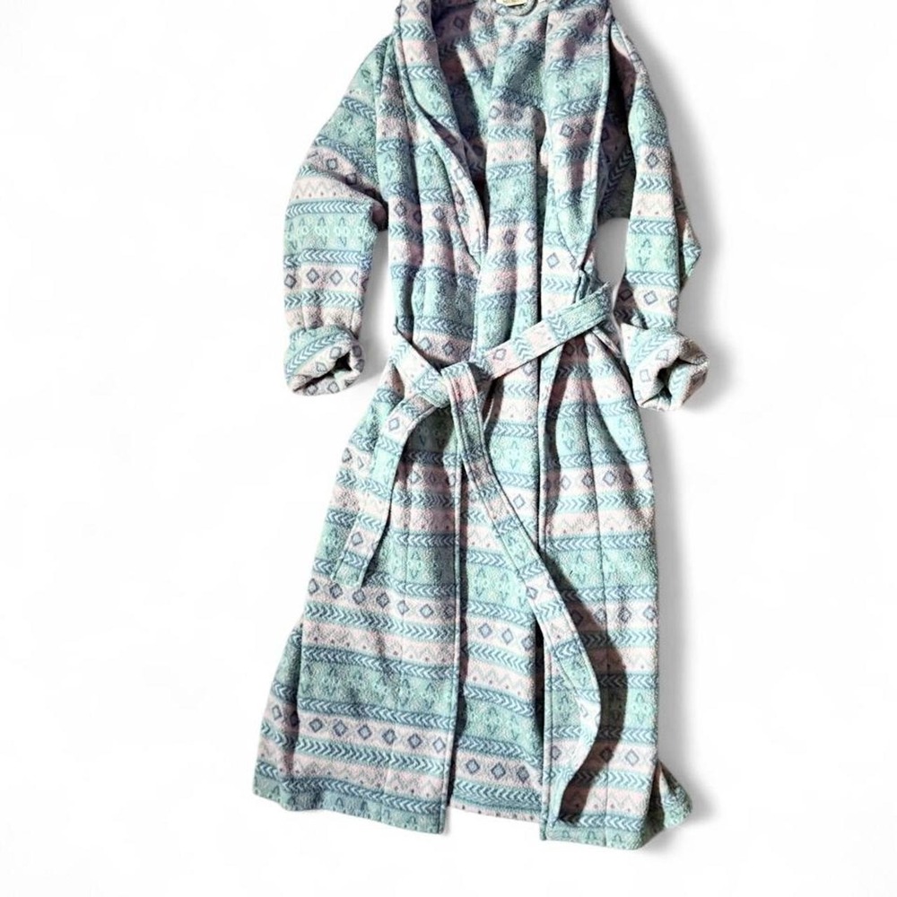 Vintage 90s Geometric Fair Isle Cozy Nordic Loungewear Fleece Robe Womens M Warm